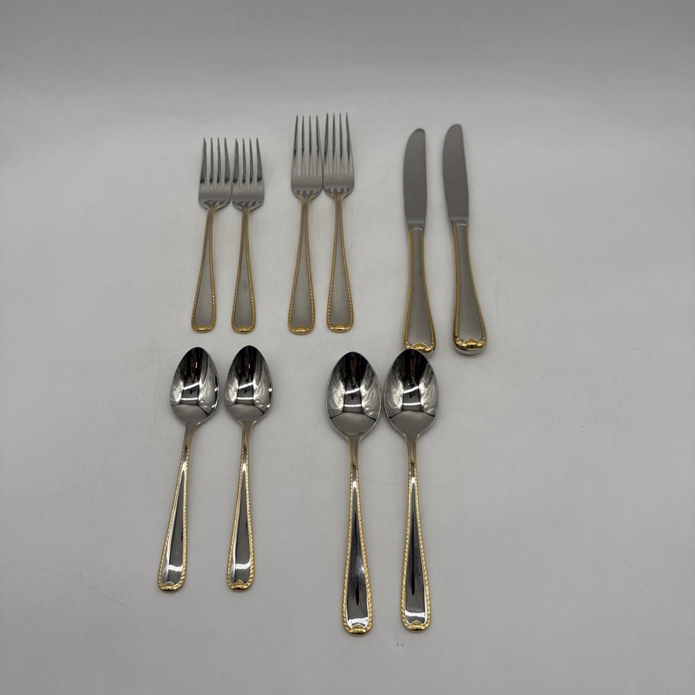 GOLDEN RIBBON EDGE Gorham Stainless 18/8 10 Piece 2 Place Setting Flatware Japan